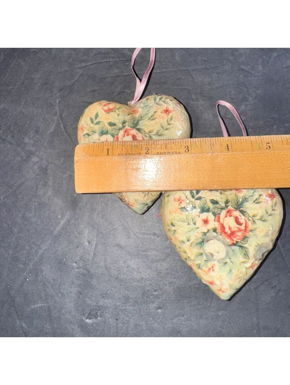 Shabby Chic Floral Heart Ornaments Set of 2 Rose Decoupage Style 4” Pink Ribbon